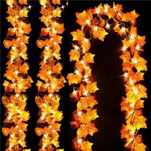 Fall Decor 3-Pack Fall Leaf Garland with Lights, Total 24.6ft 60 LED Halloween